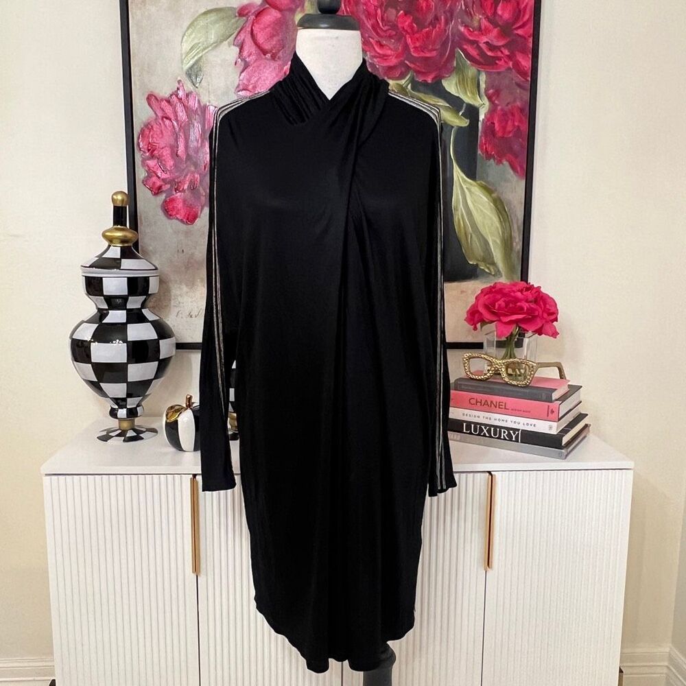 Nissa Women's Draped Crossover Neck Metallic Stripe Sleeve Maxi Dress Black Sz 6